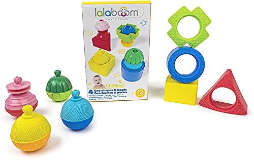 lalaboom - 4 vormen en educatieve kralen te monteren - Peuterspeeltje - Montessori Onderwijsvormen en kleuren Bouwspel en leerspeelgoed van 10 maanden tot 2 jaar oud - BL660, 12 stuks