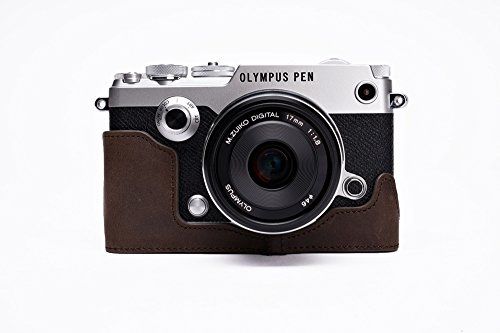 TP Handgemaakte Echt Lederen Halve Camera Hoesje Camera Tas voor Olympus PEN-F - Donkerbruin