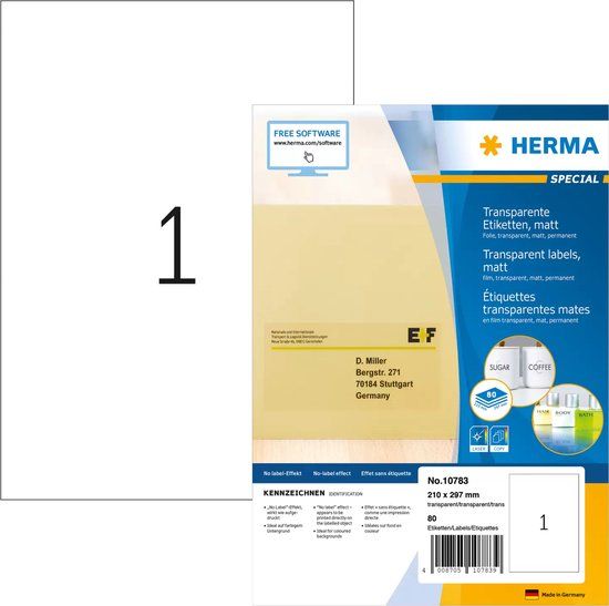 HERMA Wetterfeste Folien-Etiketten, 210 x 297 mm transparent, aus Polyesterfolie, matt, selbstklebend - 1 Stück (10783)