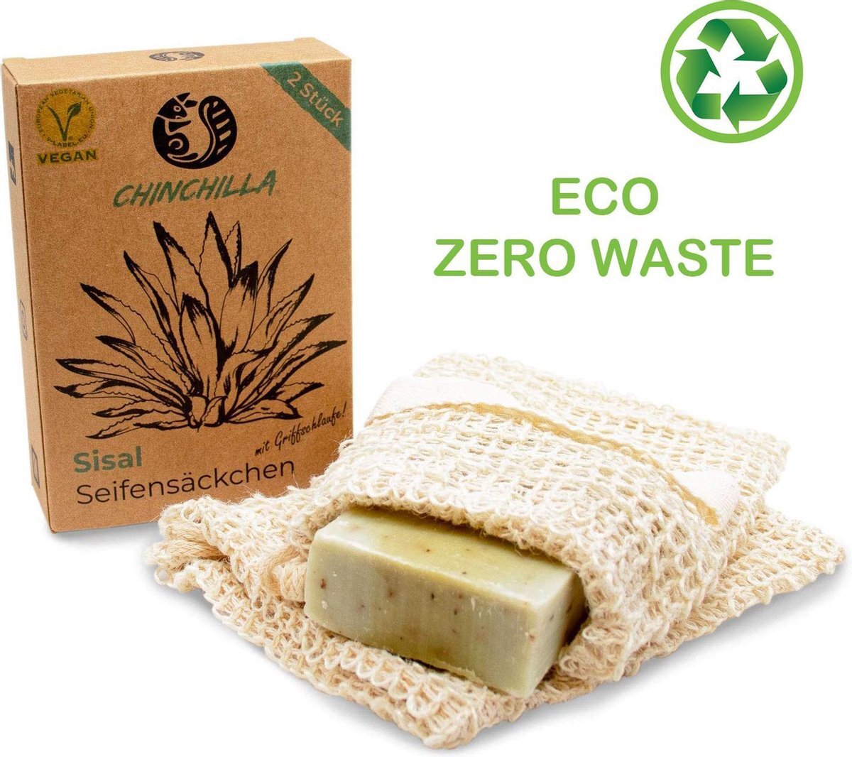 Q-chinchilla Chinchilla Zero Waste - Zeepzakje van sisal - set van 2 stuks | zeepzakje voor plasticvrije badkamer | opslag voor zeep | soapsaver | zeephouder | shampoo bar zakje