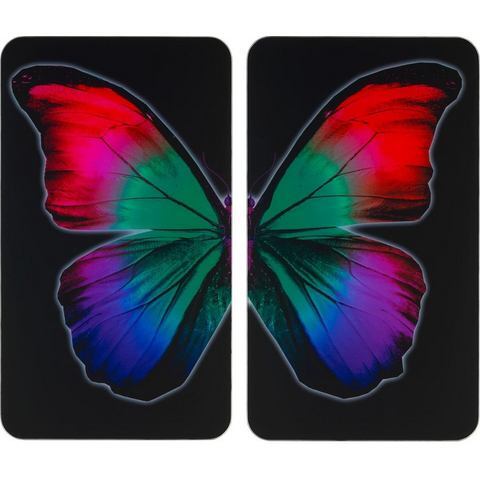 WENKO Fornuisafdekplaat Universal Butterfly by Night - set van 2, kookplaatafdekking en glazen snijplank voor alle warmtebronnen, gehard glas, 30 x 1,8-5,5 x 52 cm, meerkleurig