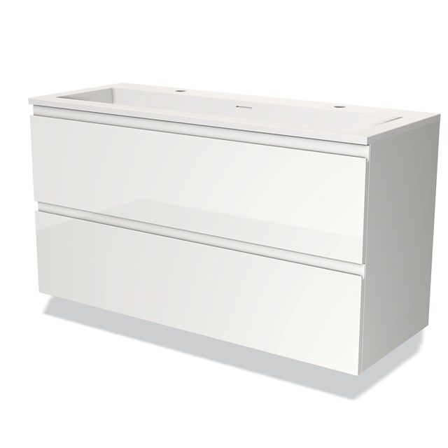Maxaro Badkamermeubel 120cm Modulo Hoogglans Wit 2 Lades Greeploos Wastafel Solid Surface