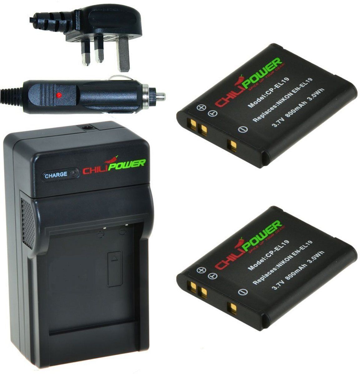 ChiliPower 2 x EN-EL19 accu's voor Nikon - Charger Kit + car-charger - UK version