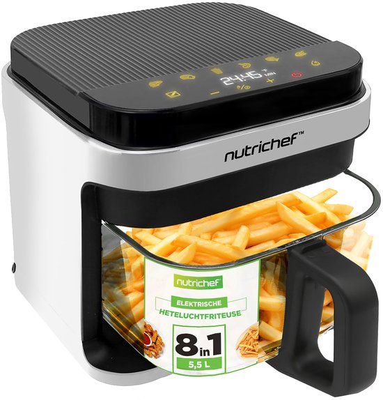 Nutrichef Airfryer 5,5 L – 8-in-1 Kookmodi, Transparante Kom, Nauwkeurige Temperatuur & Timer – Wit