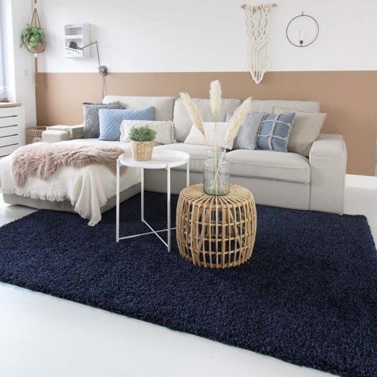 Tapeso Hoogpolig Vloerkleed Shaggy Trend Effen 60x110 cm Marineblauw