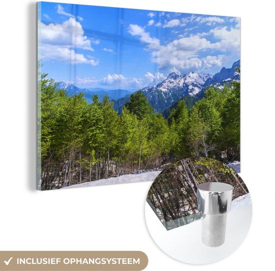 MuchoWow® Glass Painting 150x100 cm - Acrylic Glass Painting - Sky with White Clouds Above Green Albanian Trees in Theth - Photo on Glass - Paintings