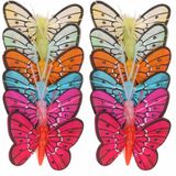 Rayher hobby materialen Decoratie vlinders - 12x - gekleurd - veertjes - 5 cm - ijzeren prikker