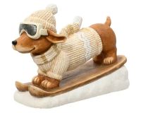 Decoris ornament hond op ski's 49.5x20x34cm crème, bruin