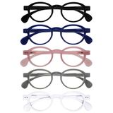 OPULIZE OCA Leesbrillen - 5-Pack - Modern Retro Rond Montuur - Zwart, Blauw, Roze, Grijs, Wit - Heren Dames - Veerscharnieren - RRRRR54-1347W - +3.50