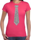 Bellatio Decorations Verkleed shirt dames - stropdas glitter zilver - roze - carnaval - foute party XXL