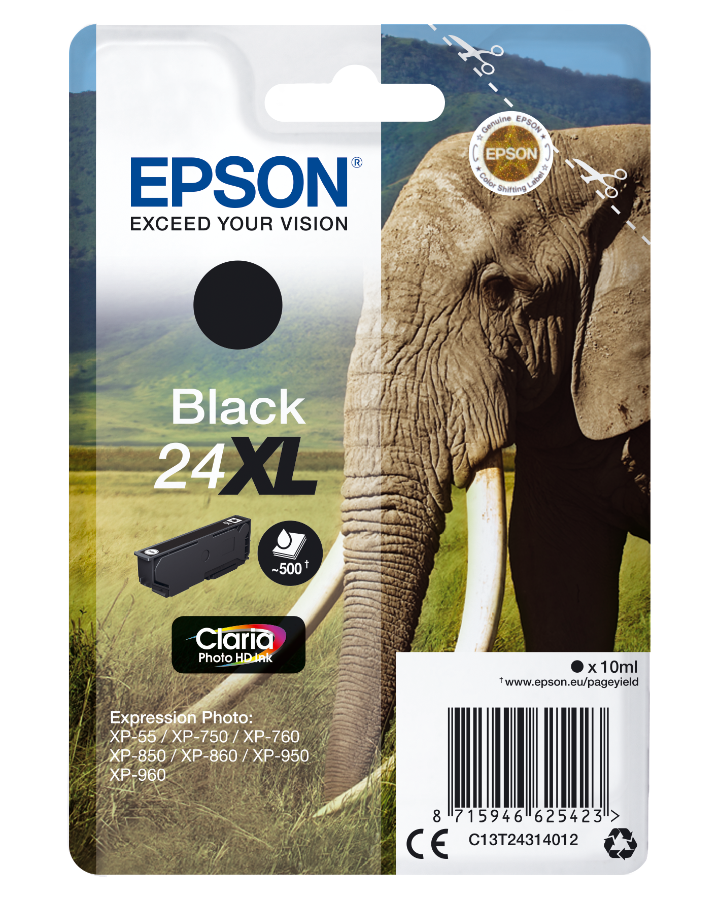 Epson Elephant Singlepack Black 24XL Claria Photo HD Ink single pack / zwart