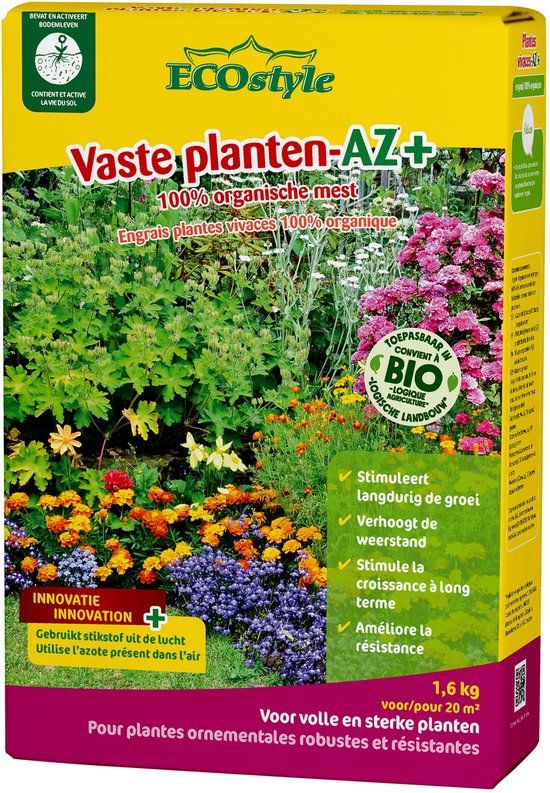 ECOstyle Vaste Planten-AZ Organische Plantenvoeding - Meststof voor 120 dagen - Kleurrijke Vaste Planten - Rijbloeiende Siertuin - Voor 20 M² - 1,6 KG