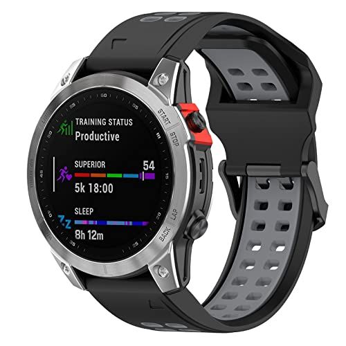 Yikamosi Garmin Fenix 7 Bandje, 22MM Dubbele kleur Snelle release Zachte Siliconen Roestvrij stalen sluiting Vervangende Bandje voor Garmin Fenix 7/6/5/5 Plus, Zwart/Grijs