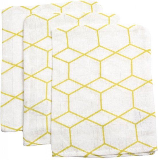 Briljant Baby Briljant Grid Okergeel Hydrofiel Washandjes - 3 stuks - Katoen - Gestreept