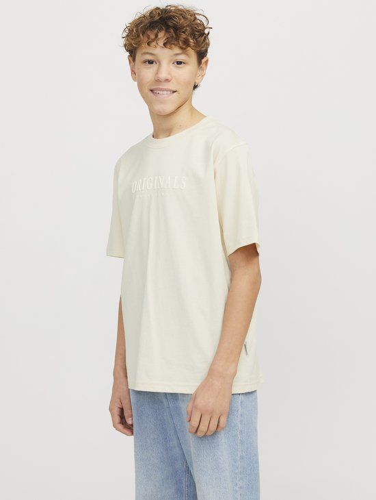 JACK&JONES Jongens T-shirt 128 Katoen Ronde hals Effen Loose Fit Antique White