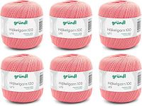 Gründl Wol haakgaren 100 van 100% katoen, 6 kluwen van 100 g, naalddikte 1,5-2, 6, 100 g/566 m, dun garen om te haken, katoengaren, zalm