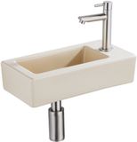 QeramiQ Fuente Fonteinset - 37.5x18.5x9cm - keramiek - kraangat rechts - fonteinkraan geborsteld RVS - afvoerplug - verlaagd sifon - Mat Beige