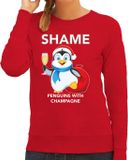 Bellatio Decorations Pinguin Kerst sweater / kersttrui Shame penguins with champagne rood voor dames - Kerstkleding / Christmas outfit XXL