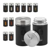 Relaxdays kruidenpotjes - set van 12 - strooigaatjes (3 groottes) - leeg - 90 ml - rvs - zwart