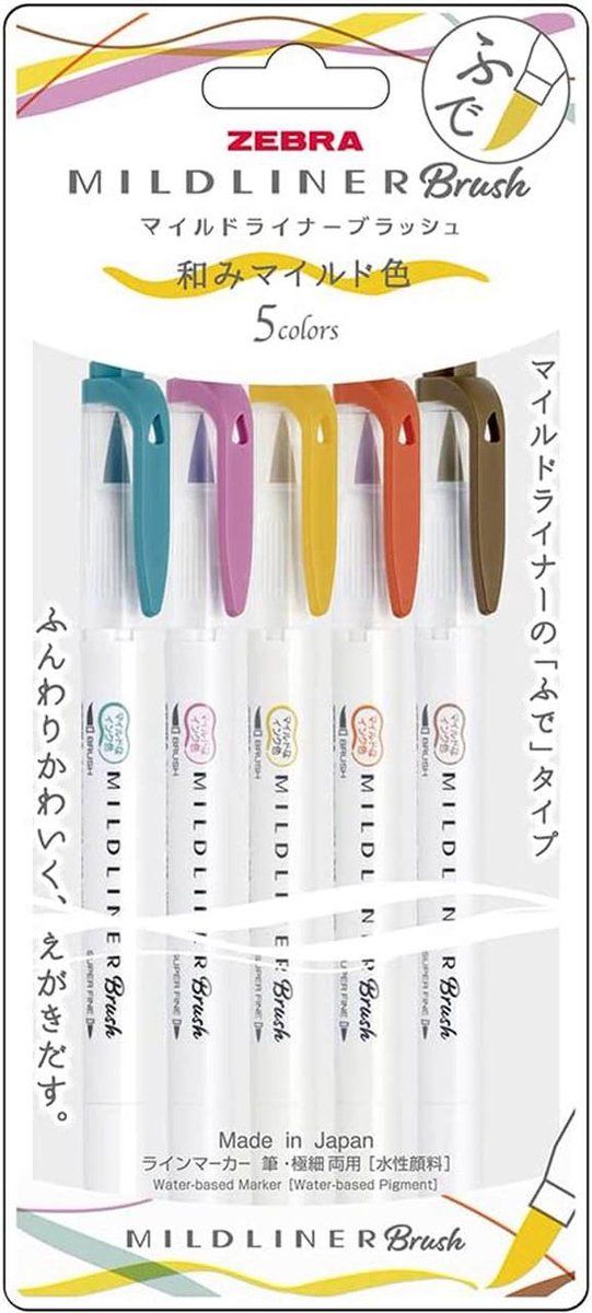 Zebra Mildliners Brushpennen Set van 5, Mild Deep & Warm Colors + Bag