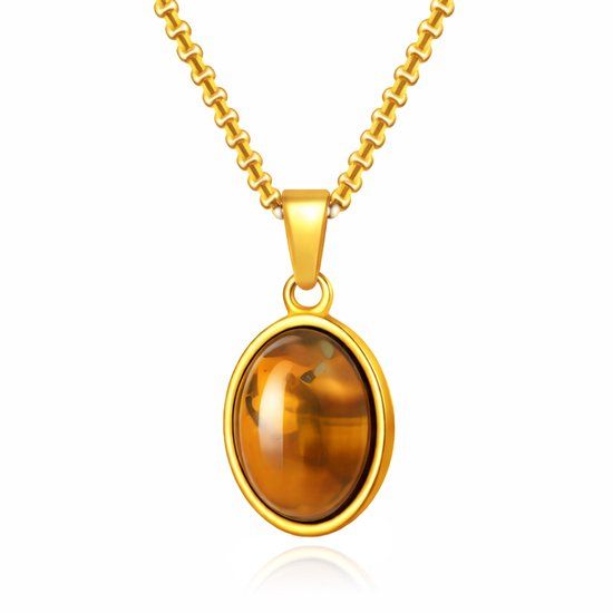 Mendes Goudkleurige Heren Ketting met Ovale Bruine Edelsteen Hanger