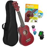 Cascha Soprano Ukelele rood met handboek stemapparaat gevoerde tas 3 plectra en Aquila snaren
