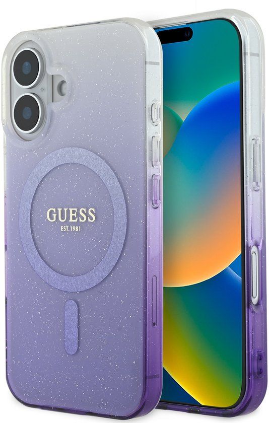 Guess MagSafe IML Glitter Gradient Case voor de Apple iPhone 16 - Purple