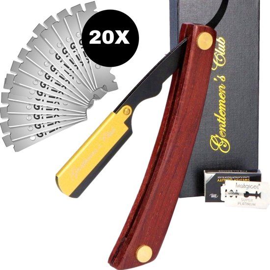 Gentlemen's Club Shavette open scheermes met 20 scheermesjes - Straight Razor Kappersmes - Barbiersmes - Cut throat razor Nekmes - Klassiek klap scheermes - Safety razor Feather mes