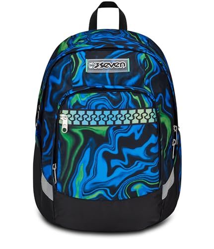 Seven Advanced Plus schoolrugzak, blauw, oneffen lijnen, dubbel vak met riem, voorvak met organizer, zijvak van netstof voor drinkfles, rugzak voor middelbare scholen, kleuterscholen, kinderen