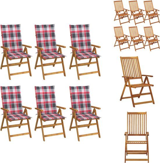 vidaXL Tuinstoelen - 6 stuks - Massief Acaciahout - Inklapbaar - Rood Ruitpatroon