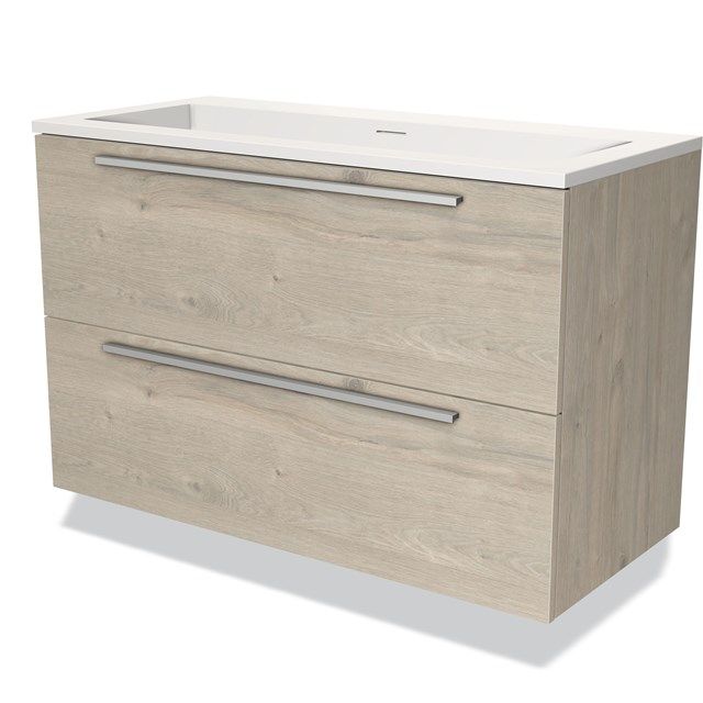 Maxaro Badkamermeubel 100cm Modulo Lichtgrijs Eiken 2 Lades Vlak Wastafel Solid Surface