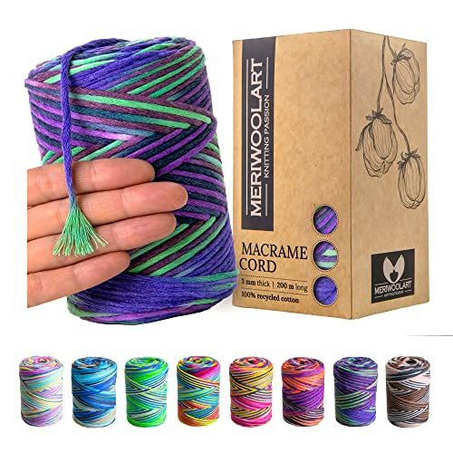 MERIWOOLART MeriWoolArt® Macramé Garen, Macramé Koord 3mm 200m, Enkele Twist, Zacht Macramé Koord, 100% Gerecyclede Katoenen Macrame Garen Gekleurd, DIY Macramé Handwerk, Boho Huisdecoratie