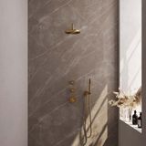 Brauer Gold Edition Thermostatische Regendoucheset Inbouw - Hoofddouche 20 cm - Gebogen Wandarm - Handdouche Staaf - Doucheslang - Wandaansluitbocht - Geborsteld Goud