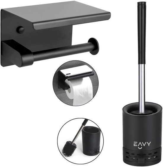 Eavy WC Rolhouder met Plankje - Toiletborstel - Bundel - Zwart