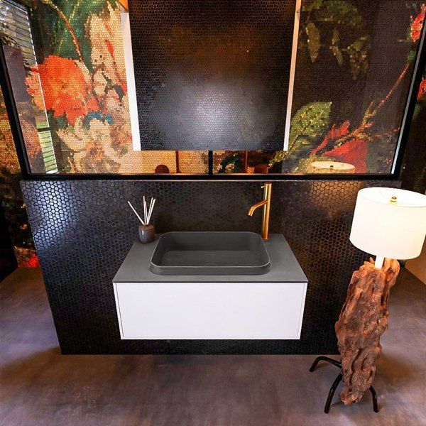 Mondiaz ERIN 80cm badmeubelset onderkast Talc met 1 lade + Wastafel RIDGE Dark grey