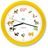 Merkloos Kookoo KidsWorld geel, boerderijhorloge met 12 echte dierenstemmen, kwartsuurwerk