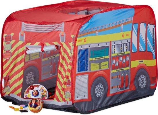 Relaxdays speeltent brandweer - pop up kindertent - tent met auto motief - outdoor jongens