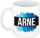Bellatio Decorations Arne naam cadeau koffie mok - beker - met blauw verfstrepen - Cadeau collega - vaderdag - verjaardag - meester - coach - 300 ml - wit