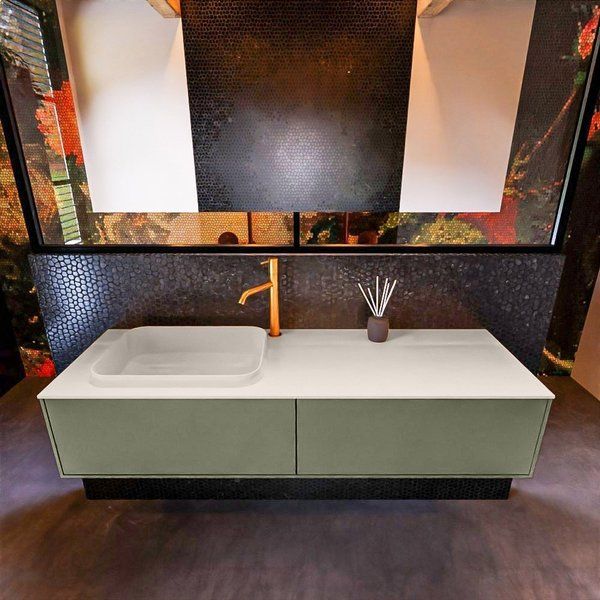 Mondiaz ERIN 150cm badmeubelset onderkast Army met 2 lades + Wastafel RIDGE links 1 kraangat Linen