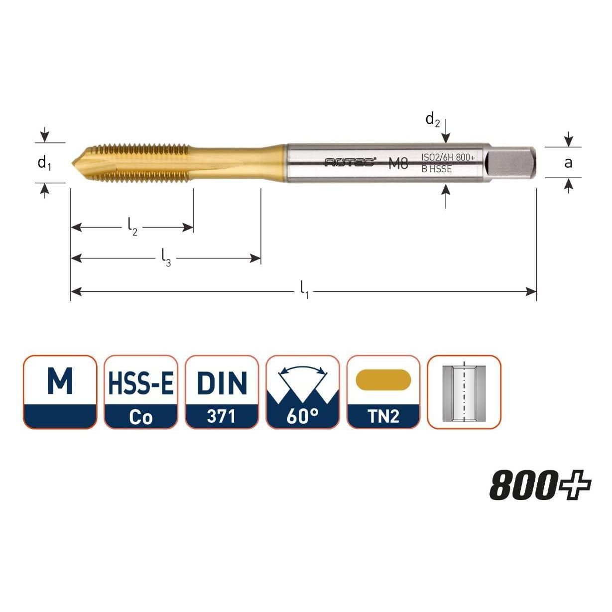 Rotec HSS-E 800+ machinetap DL DIN 371B M 6x1,0 TiN - 330.0600T