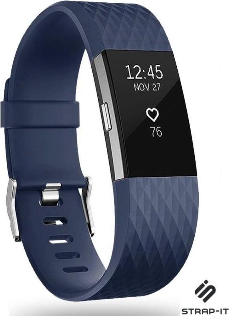 Strap-it Fitbit Charge 2 diamant silicone band - donkerblauw - Maat: S