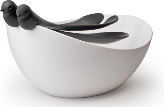 Qualy Sparrow Salad Bowl & Cutlery - Black - Oval - Plastic - Dishwasher Safe
