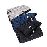 3 stuks golfhanddoeken, 40 cm x 61 cm grote drievoudige microvezel golfhanddoek, premium microvezelstof wafelpatroon met zware karabijnclip om zand, modder, gras en vuil van golfaccessoires te