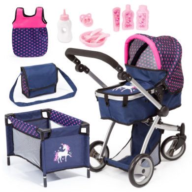 Bayer Design Combinatie poppenwagen Mega Set - blauw met hartjes en eenhoorn