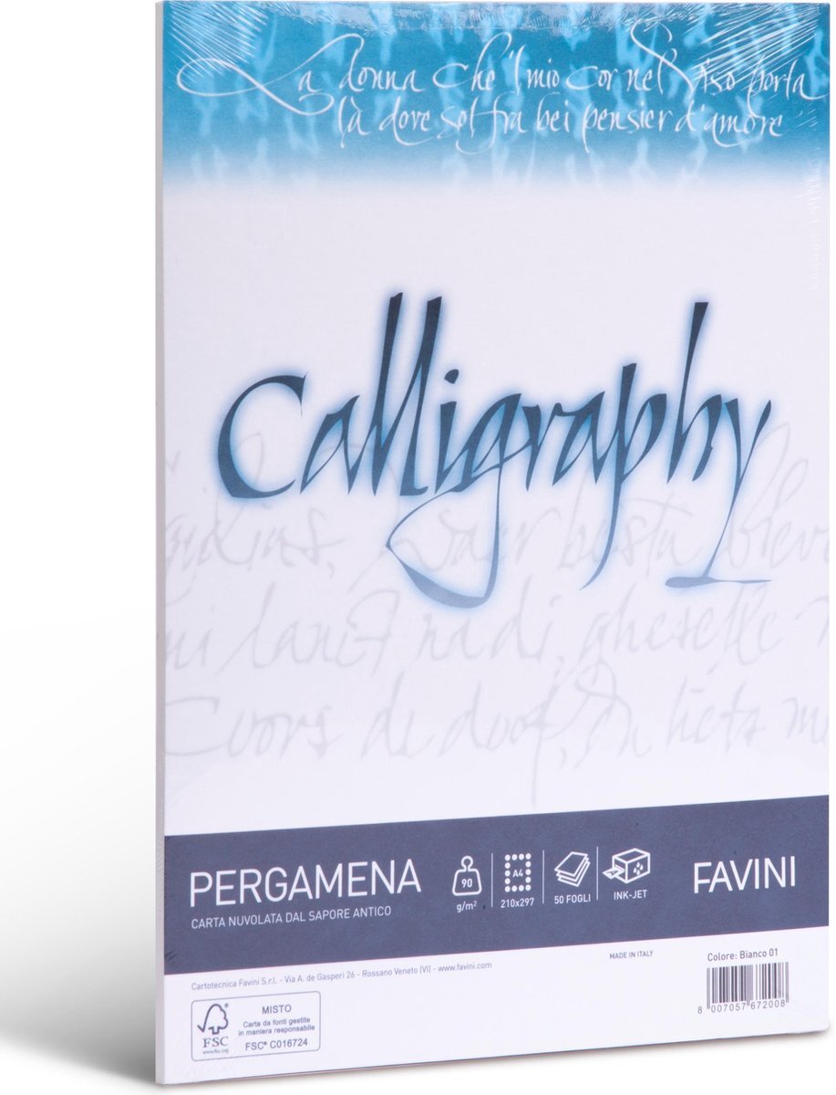 Favini Perkament 50 vel A4 90 g/m2 inkjet kleur Wit PERGAMENA Calligraphy Bianco 01