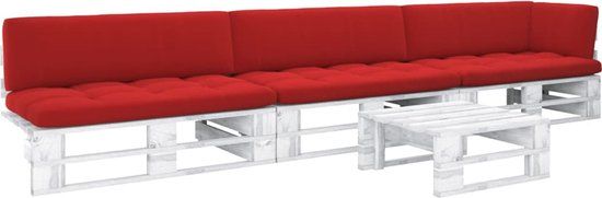 The Living Store Houten Pallet Loungeset - 2-persoons - Grenenhout - Rood kussen - Wit