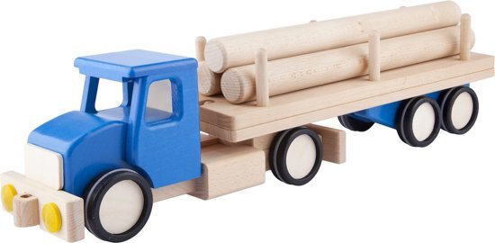 Lupo Blauwe houten vrachtwagen met boomstammen - 52x10x13cm - Handgemaakt - Uniek design