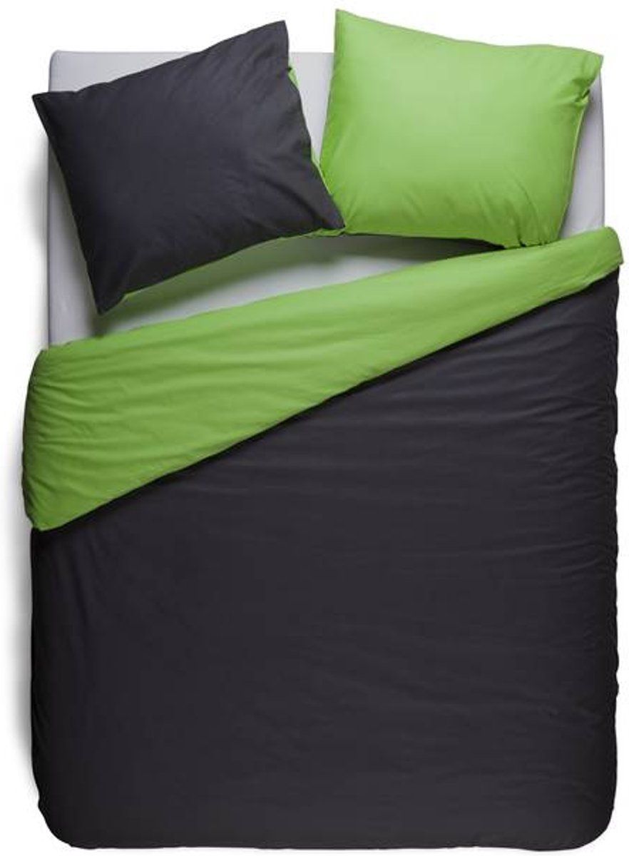 Snoozing Two Tone - Flanel - Dekbedovertrek - Lits-jumeaux - 240x200/220 cm + 2 kussenslopen 60x70 cm - Antraciet/Lime