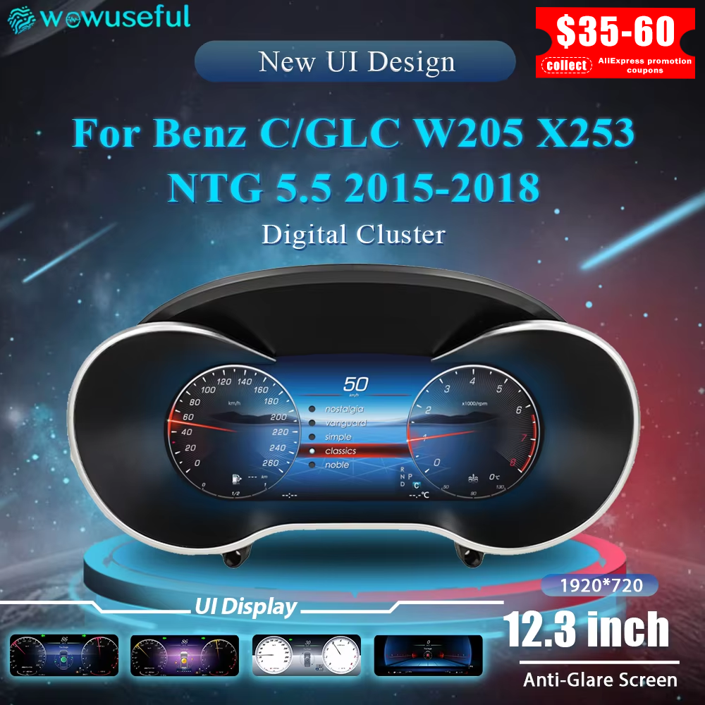 WOWUSEFUL Benz 12.3'' Instrumentenpaneel Cockpit Voor C GLC S205 W205 V205 117X253 2015-2018 Ntg5.0 4.5 5.5 Auto Digitale Dashboard Cluster