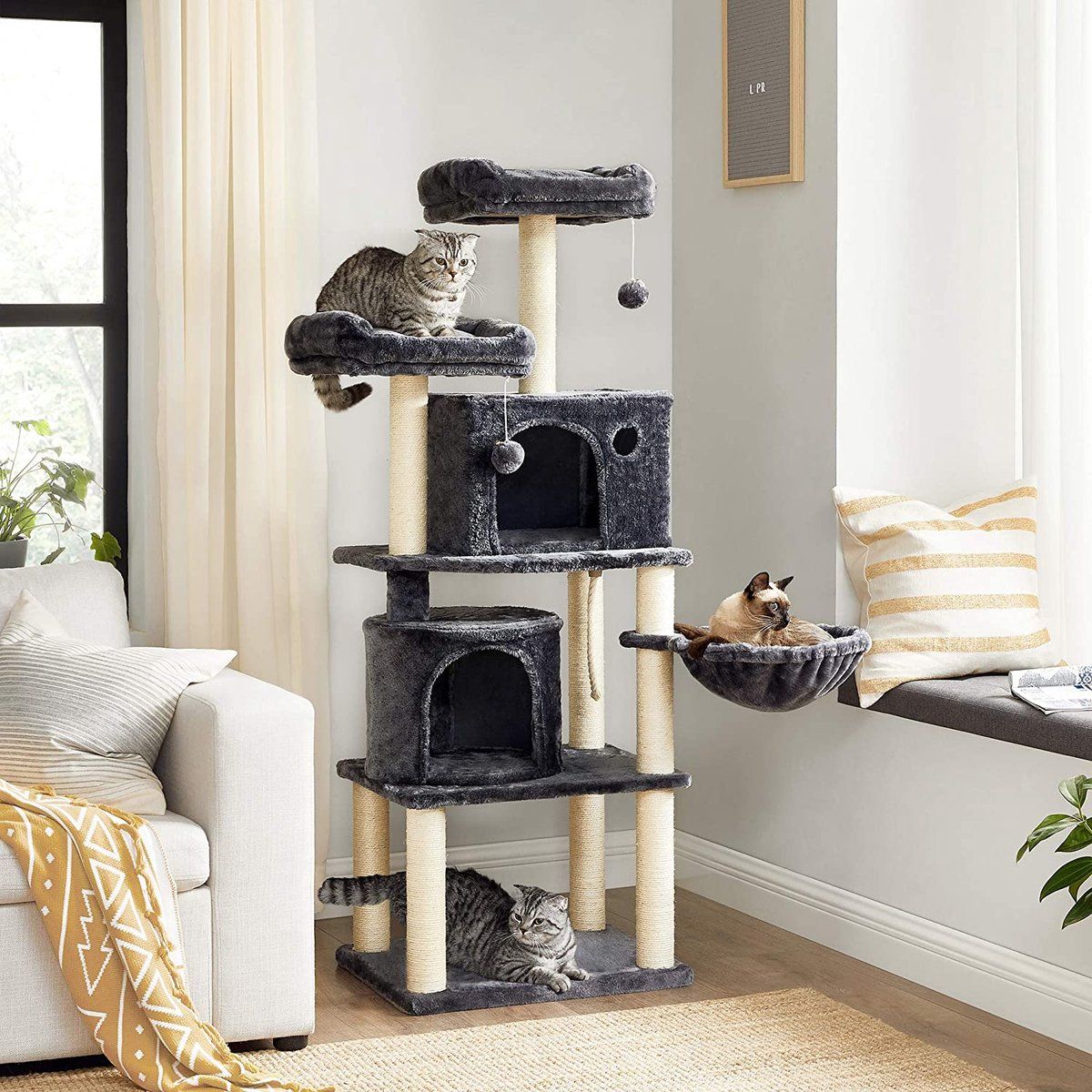 FEANDREA Stevige Kattenboom Met Krabpaaltjes, Mand En 2 Huisjes - Klimboom Rookgrijs